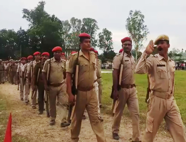 An Assam Police battalion taking part in a march past in Dhemaji ahead of the 73rd Independence Day.