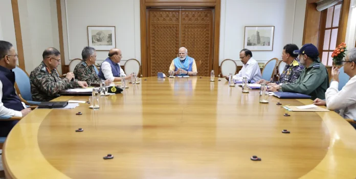 PM Narendra Modi in a meeting with Defence Minister Rajnath Singh, NSA Ajit Doval, CDS and tri-service chiefs.