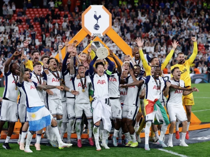 Tottenham Hotspur captain Son Heung Min lifts the Europa League title after Spurs defeated Man United 1-0 at Bilbao.