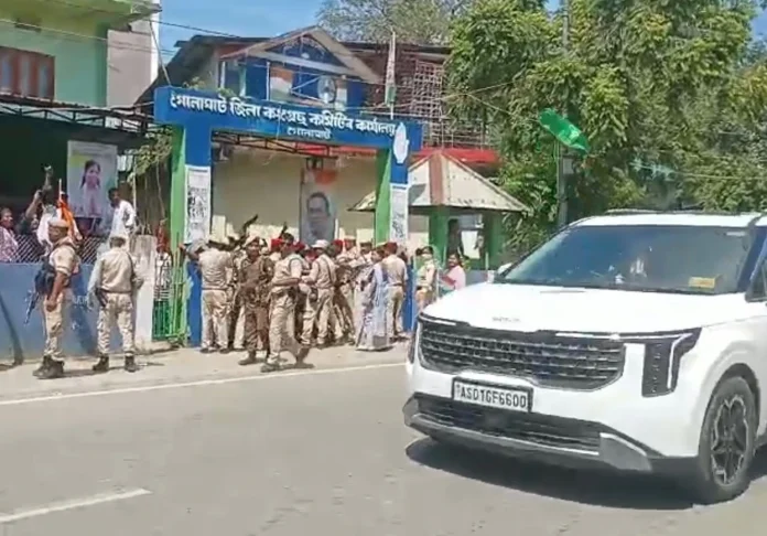 A water bottle was hurled at Assam CM Dr Himanta Biswa Sarma's convoy from Golaghat Congress office on Monday (June 30)